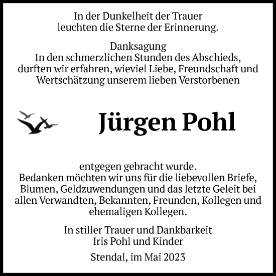 Traueranzeige von Jürgen Pohl von Volksstimme Altmark Ost