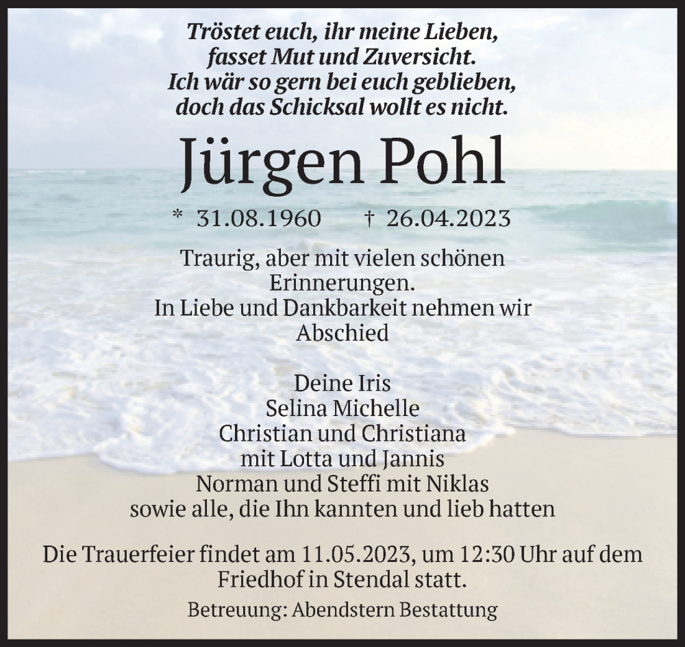  Traueranzeige für Jürgen Pohl vom 06.05.2023 aus Volksstimme Altmark Ost