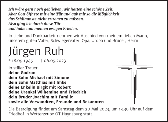 Traueranzeige von Jürgen Ruh von Trauerkombi Zeitz