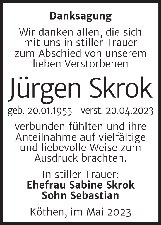 Traueranzeige von Jürgen Skrok von Trauerkombi Köthen