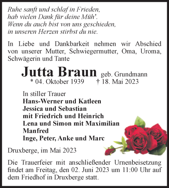 Traueranzeige von Jutta Braun von Volksstimme Oschersleben/Wanzleben