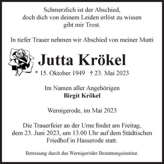 Traueranzeige von Jutta Krökel von Volksstimme Wernigerode