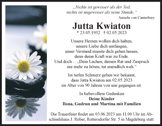 Traueranzeige von Jutta Kwiaton von Volksstimme Magdeburg