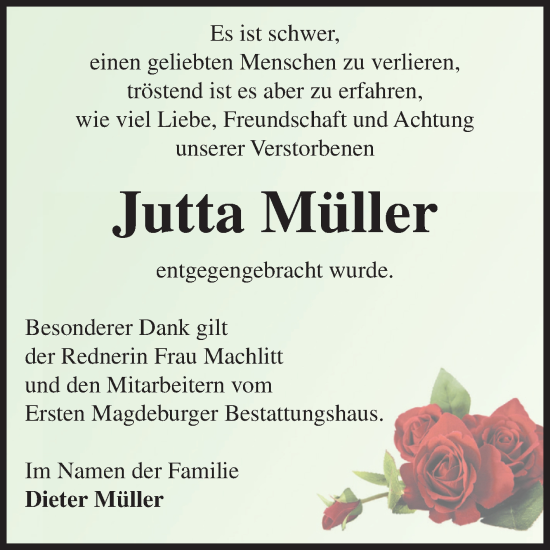Traueranzeige von Jutta Müller von Volksstimme Magdeburg