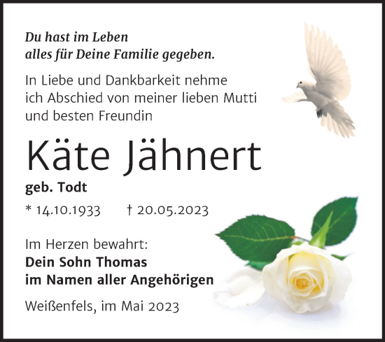 Traueranzeige von Käte Jähnert von Trauerkombi Weißenfels