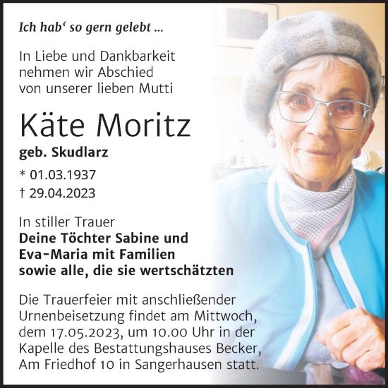 Traueranzeige von Käte Moritz von Trauerkombi Sangerhausen