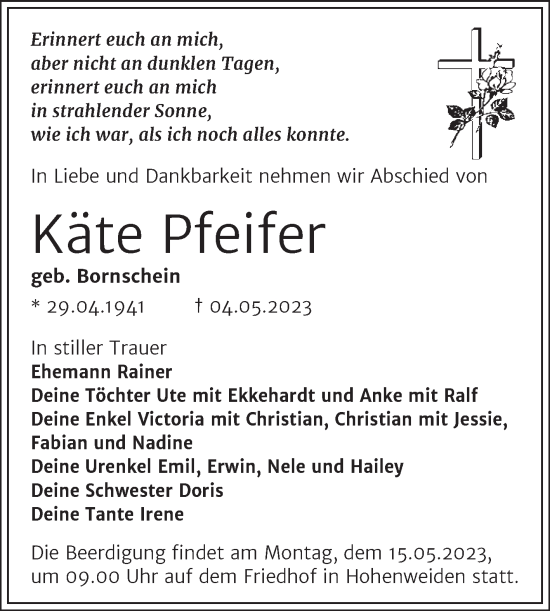 Traueranzeige von Käte Pfeifer von Trauerkombi Merseburg