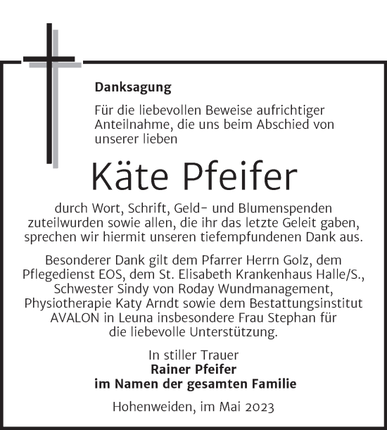 Traueranzeige von Käte Pfeifer von Trauerkombi Merseburg