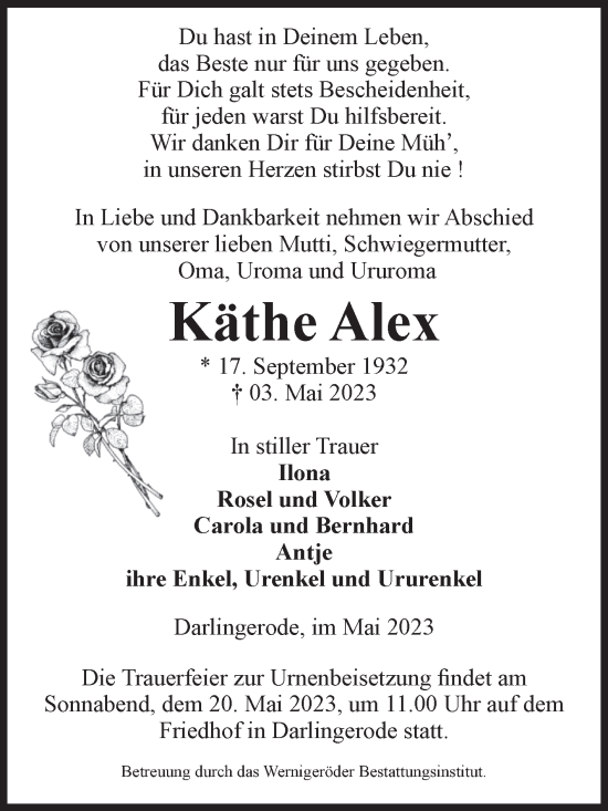 Traueranzeige von Käthe Alex von Volksstimme Wernigerode