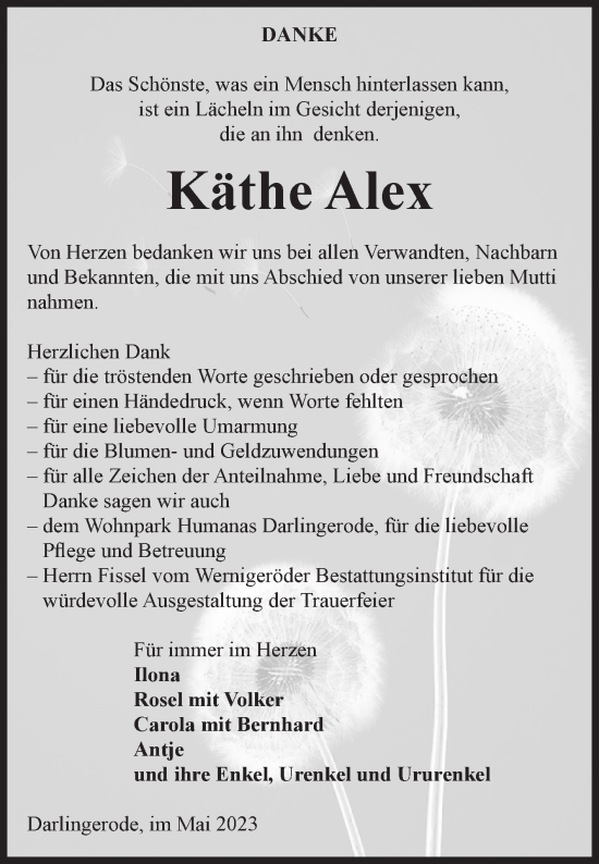 Traueranzeige von Käthe Alex von Volksstimme Wernigerode