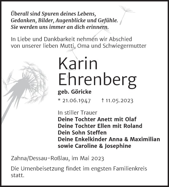 Traueranzeige von Karin Ehrenberg von Trauerkombi Wittenberg
