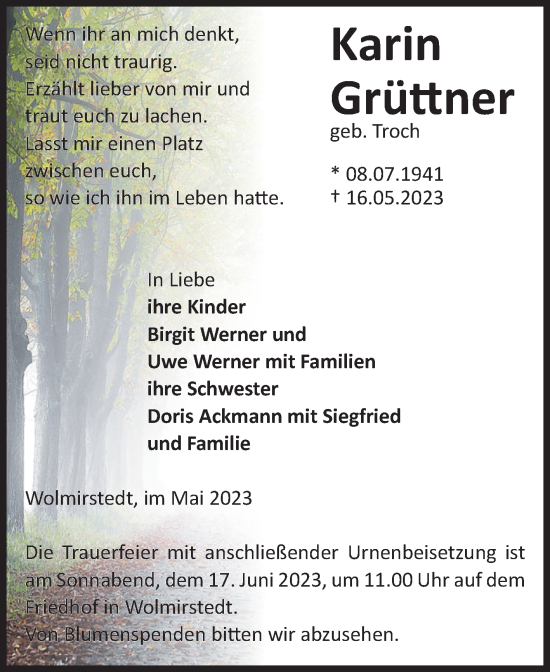 Traueranzeige von Karin Grüttner von Volksstimme Haldensleben/Wolmirstedt