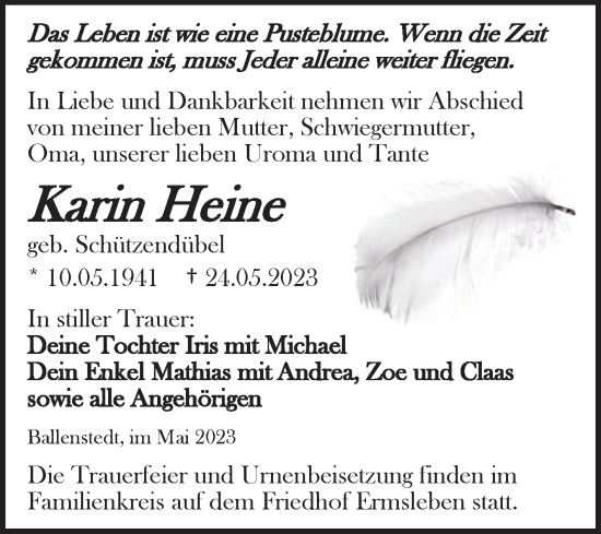 Traueranzeige von Karin Heine von Trauerkombi Aschersleben