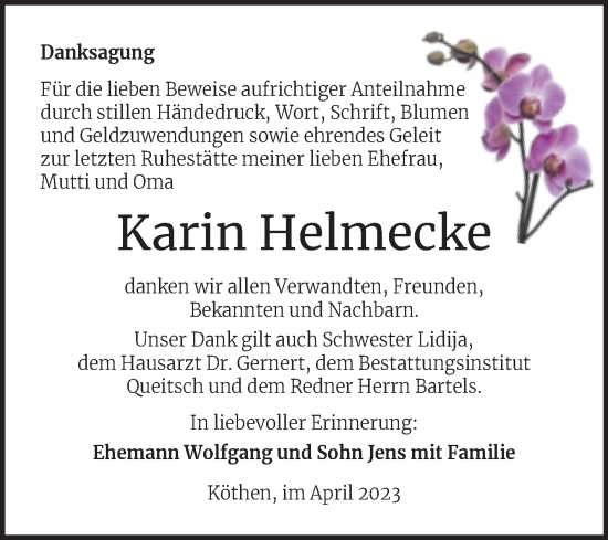 Traueranzeige von Karin Helmecke von Trauerkombi Köthen
