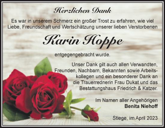 Traueranzeige von Karin Hoppe von Volksstimme Wernigerode