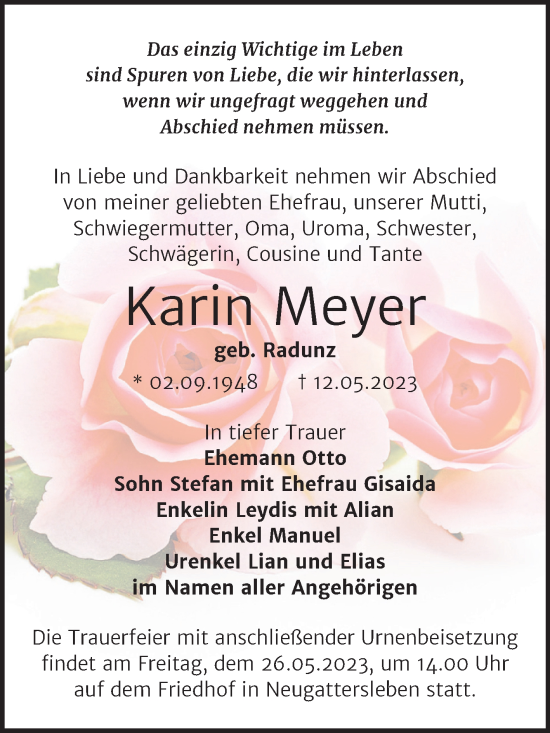 Traueranzeige von Karin Meyer von Trauerkombi Bernburg