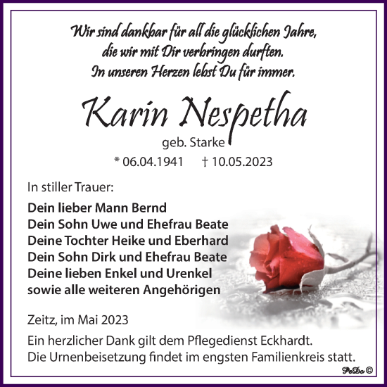 Traueranzeige von Karin Nespetha von Trauerkombi Zeitz