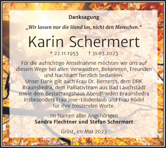 Traueranzeige von Karin Schermert von Trauerkombi Merseburg