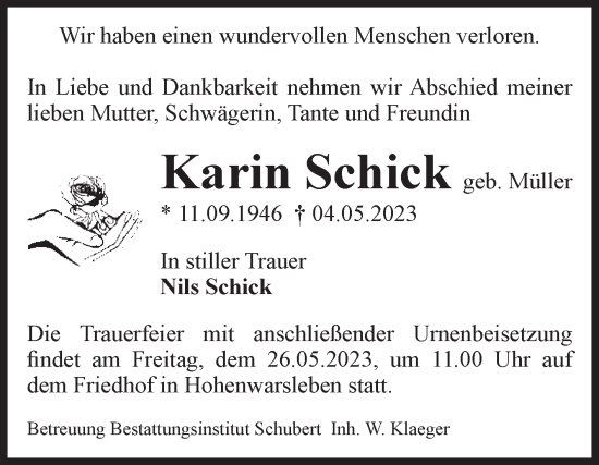 Traueranzeige von Karin Schick von Volksstimme Haldensleben/Wolmirstedt