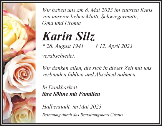 Traueranzeige von Karin Silz von Volksstimme Halberstadt