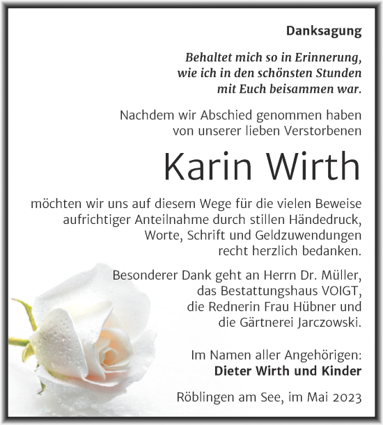 Traueranzeige von Karin Wirth von Trauerkombi Mansfelder Land