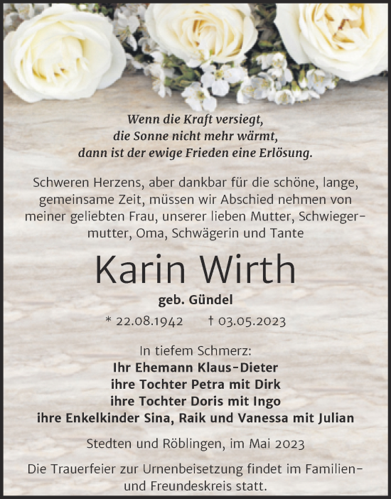 Traueranzeige von Karin Wirth von Trauerkombi Mansfelder Land