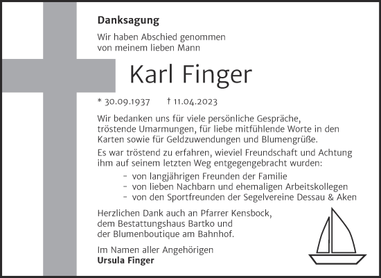 Traueranzeige von Karl Finger von Trauerkombi Köthen
