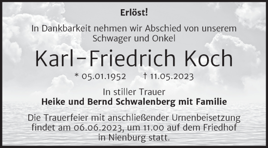 Traueranzeige von Karl-Friedrich Koch von Trauerkombi Bernburg