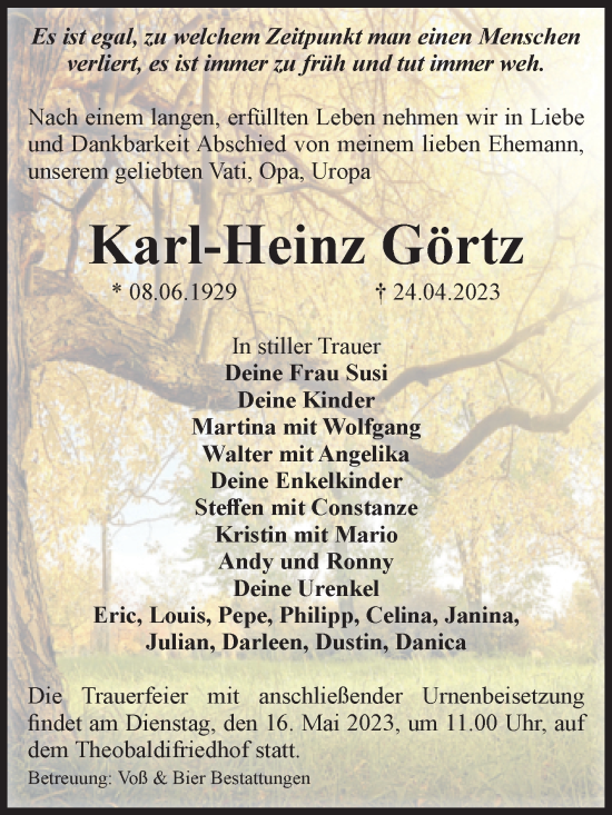 Traueranzeige von Karl-Heinz Görtz von Volksstimme Halberstadt