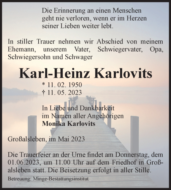 Traueranzeige von Karl-Heinz Karlovits von Volksstimme Oschersleben/Wanzleben