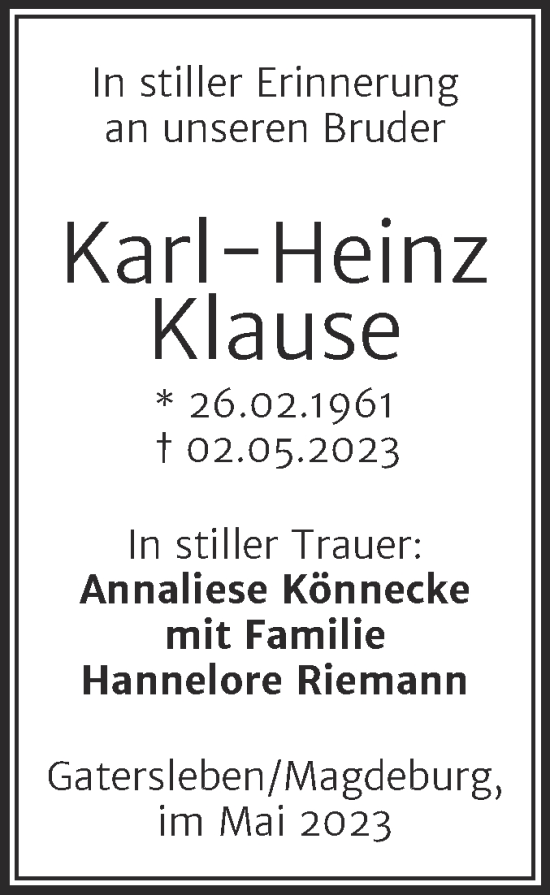 Traueranzeige von Karl-Heinz Klause von Trauerkombi Aschersleben