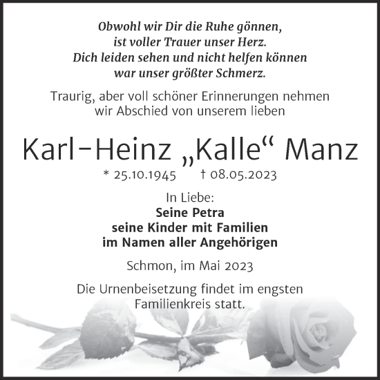 Traueranzeige von Karl-Heinz Manz von Trauerkombi Merseburg