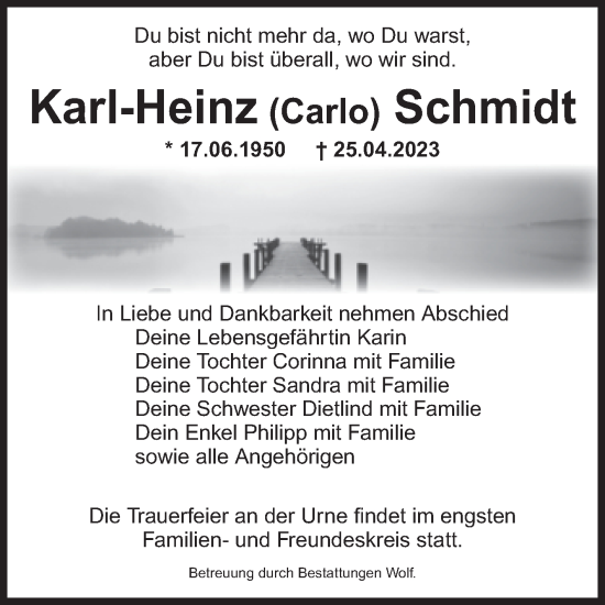 Traueranzeige von Karl-Heinz Schmidt von Volksstimme Wernigerode