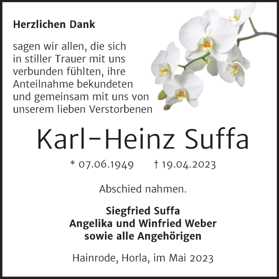 Traueranzeige von Karl-Heinz Suffa von Trauerkombi Sangerhausen