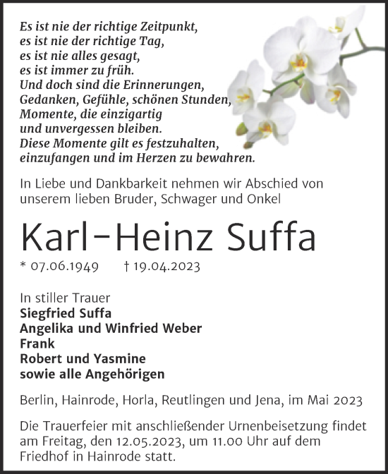 Traueranzeige von Karl-Heinz Suffa von Trauerkombi Sangerhausen