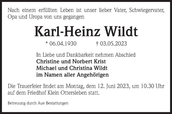 Traueranzeige von Karl-Heinz Wildt von Volksstimme Magdeburg