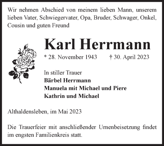 Traueranzeige von Karl Herrmann von Volksstimme Haldensleben/Wolmirstedt