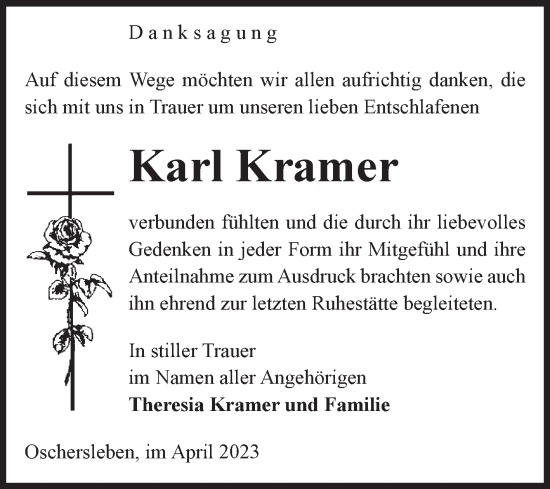 Traueranzeige von Karl Kramer von Volksstimme Oschersleben/Wanzleben