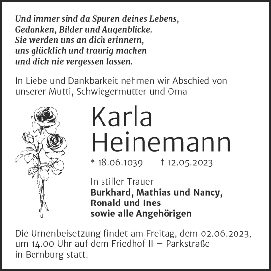 Traueranzeige von Karla Heinemann von Trauerkombi Bernburg