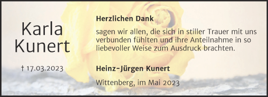 Traueranzeige von Karla Kunert von Trauerkombi Wittenberg