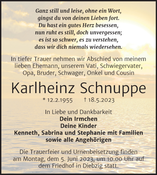 Traueranzeige von Karlheinz Schnuppe von Trauerkombi Köthen