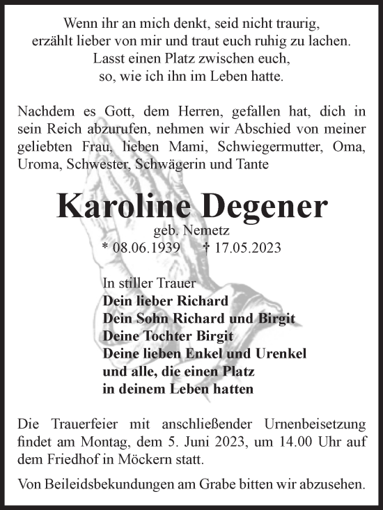Traueranzeige von Karoline Degener von Volksstimme Burg/Genthin