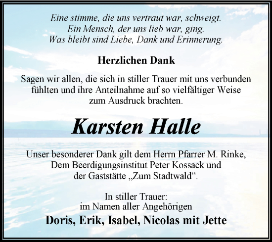 Traueranzeige von Karsten Halle von Trauerkombi Dessau