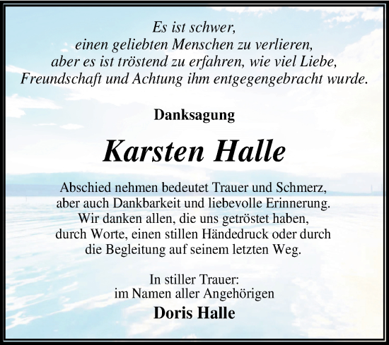 Traueranzeige von Karsten Halle von Trauerkombi Dessau