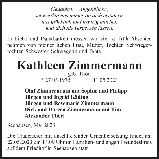 Traueranzeige von Kathleen Zimmermann von Volksstimme Altmark Ost
