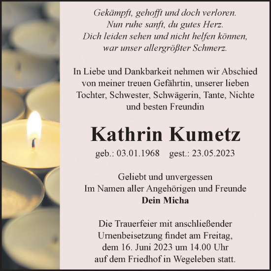 Traueranzeige von Kathrin Kumetz von Volksstimme Halberstadt