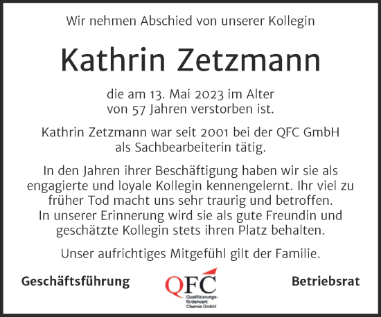 Traueranzeige von Kathrin Zetzmann von Mitteldeutsche Zeitung Merseburg/Querfurt