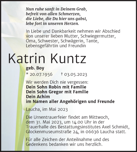 Traueranzeige von Katrin Kuntz von Wochenspiegel Naumburg/Nebra
