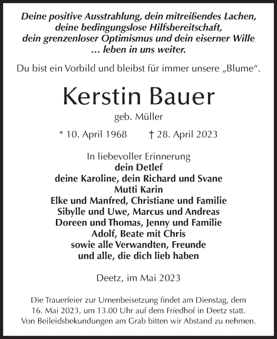 Traueranzeige von Kerstin Bauer von Volksstimme Altmark Ost