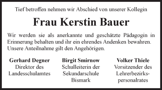 Traueranzeige von Kerstin Bauer von Volksstimme Altmark Ost